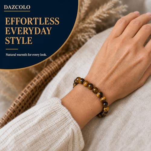 8mm Natural Crystal Stretch Bracelet | Handmade Round Stone Bead Bracelet, Runs Large, Meditation Yoga Gift for Women & Men - color: Golden Tiger Eye