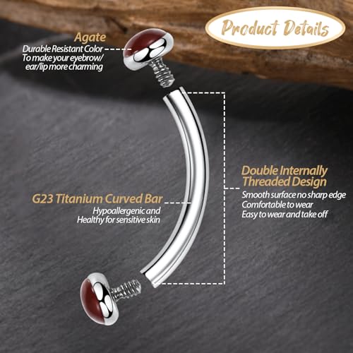 GAGABODY Titanium Eyebrow Jewelry - Curved Barbell & Labret Stud, 16g - Belly Button Ring & Cartilage Earring - Opal Bridge Jewelry - color: 1Pc-Silver+Red Agate-Disc Shape