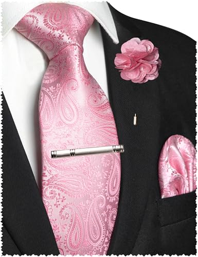 JEMYGINS Mens Paisley Tie and Lapel Pin Necktie Pocket Square and Tie Clip with Sets for Business Casual 4PCS - color: Pink