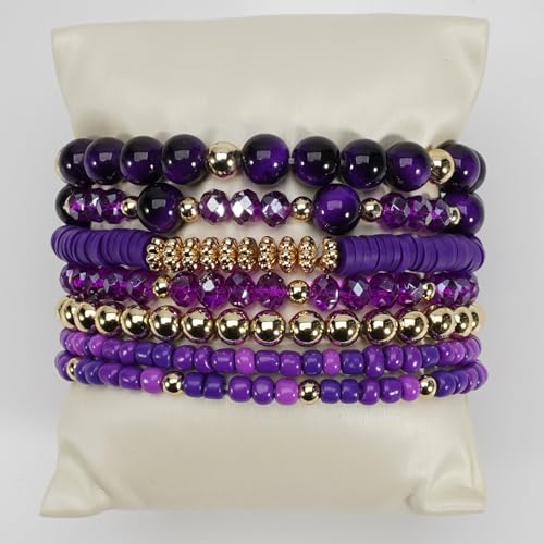 Handmade Bohemia 7Pcs Crystal Beads Stackable Adjustable Stretch Bracelet Multilayer Colorful Boho Heishi Clay Elastic Bangles Summer Beach Surfer Jewelry for Women - color: purple