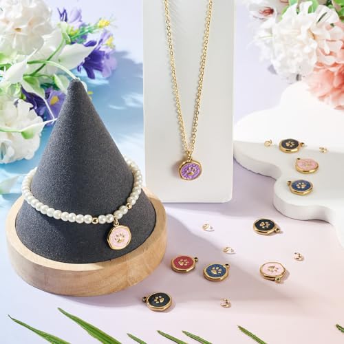 8Pcs Flat Round Dog Paw Print Enamel Charms Pendant, Cute Animal Footprint Golden Stainless Steel Dangle Charm with Jump Ring for DIY Necklace Earring Keychain Jewelry Making - color: Dog Paw Print