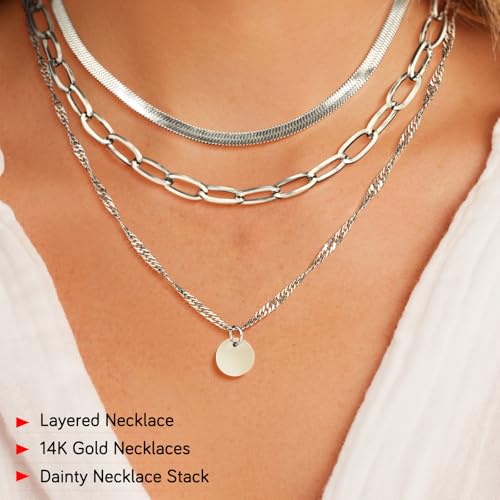 Layered Necklaces for Women,14k Gold Plated Dainty Necklace Stack Set Non Tarnish Adjustable Silver Stainless Steel CZ Heart Circle Pendant Paperclip Choker Herringbone Snake Chain Jewelry - style: Circle Layered Necklace-Silver