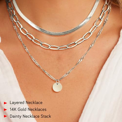 Layered Necklaces for Women,14k Gold Plated Dainty Necklace Stack Set Non Tarnish Adjustable Silver Stainless Steel CZ Heart Circle Pendant Paperclip Choker Herringbone Snake Chain Jewelry - style: Circle Layered Necklace-Silver