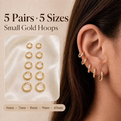 Small Gold Hoop Earrings Set for Women: Diamond-Shine Cubic Zirconia Stud Earrings - 14K Gold Plated Hypoallergenic Non-Tarnish, Stack Mini Cute Trendy Statement Earrings Gift (3 Pairs) - color: 5 Pairs/Gold/6/7/8/9/10MM