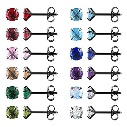 12 Pairs 18K Gold Plated Surgical Stainless Steel Stud Earrings, Star Heart Square Stud Earring for Women, Cubic Zirconia Birthstone Stud Earrings Set - color: Black round 4mm
