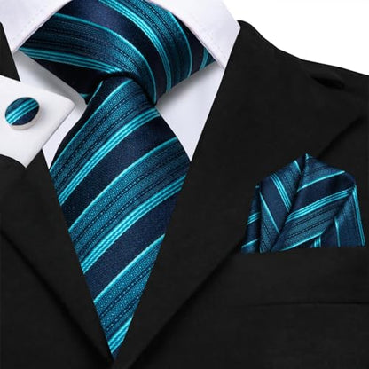Hi-Tie Men 63inches Tie Set Extra Long Necktie Paisley Tie Pocket Suqare Cufflinks Big and Tall Men Tie - color: Blue Teal