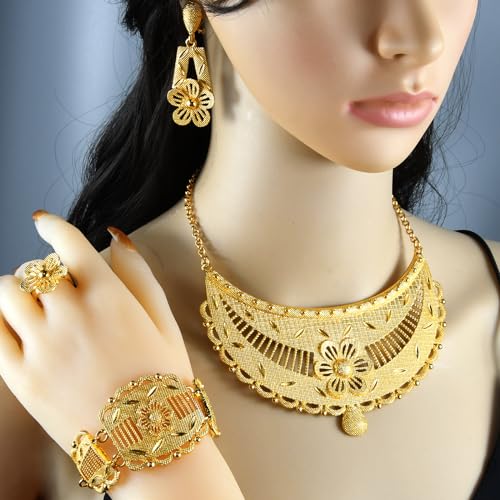 indian Women Jewelry Necklace Set african Dubai Bride Wedding Prom Fashion Jewelry 24K Gold Plated Necklace Bangles Rings Earrings - color: S-346