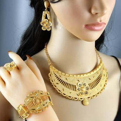 indian Women Jewelry Necklace Set african Dubai Bride Wedding Prom Fashion Jewelry 24K Gold Plated Necklace Bangles Rings Earrings - color: S-346