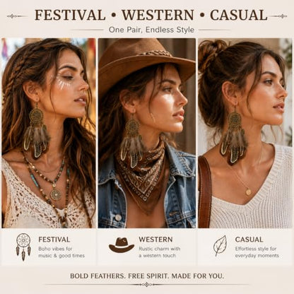 Boho Brown Feather Earrings for Women, Vintage Dream Catcher Dangle Jewelry | Brown feather layers and antique bronze-tone filigree create a bold boho look for festivals, western outfits and casual wear.
