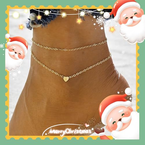Heart Initial Ankle Bracelets for Women, 14K Gold Filled Handmade Dainty Layered Anklet Letter Initial Heart Ankle Bracelets for Women Beach Jewelry Gifts - style: D