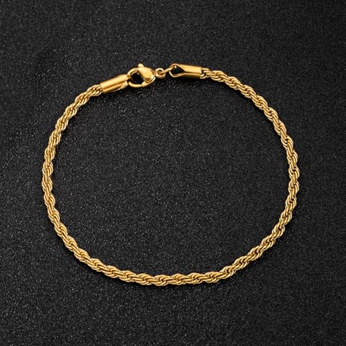kelistom 18K Gold Silver Tone Rope Link Chain Bracelet for Women Men, 3mm 4mm Braided Rope Chain Bracelets, 7” 7.5” 8.3”, - size: 7.5", style: 3mm-gold