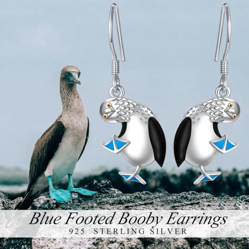 S925 Sterling Silver Cute Bird Earrings for Women Jewelry - color: White-Blue Footed Booby
