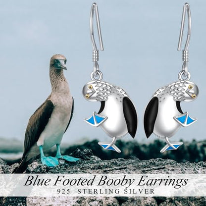 S925 Sterling Silver Cute Bird Earrings for Women Jewelry - color: White-Blue Footed Booby