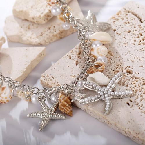 RUOFFETA Shell Starfish Necklace Bracelet Conch Statement Chunky Necklace Mermaid Costume Jewelry Beach Jewelry for Women - style: Necklace Silver