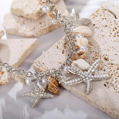 RUOFFETA Shell Starfish Necklace Bracelet Conch Statement Chunky Necklace Mermaid Costume Jewelry Beach Jewelry for Women - style: Necklace Silver