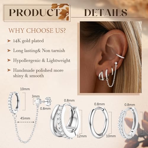 4 Pairs Small Hoop Earrings for Women 14K Gold Plated | Trendy Chain Drop Earrings Set, Hypoallergenic CZ Huggie Hoops, Lightweight Cartilage Earring Stacks - color: Silver Plated-double hoop