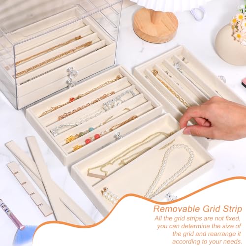5-Drawer Necklace Organizer Box with Clear Acrylic & Velvet Lining, Beige Necklace Storage Box for Chains, Pendants, Stackable Dustproof Jewelry Holder(9.25 x 5.9 x 6.69 in)