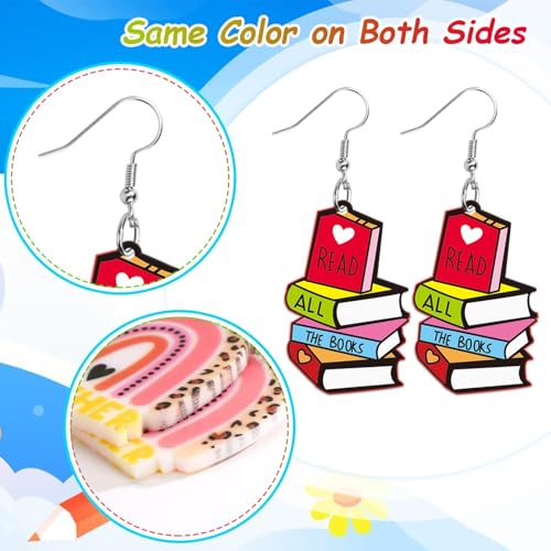 8 Pairs Teacher Acrylic Earrings Dangle for Women | Rainbow Pencil Book Earrings, Graduation Back to School Teacher Appreciation Gifts, Acrylic Material, Double Side Jewelry - style: Teacher’s Day
