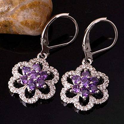 Uloveido Women's Platinum Plated Cubic Zirconia Flower Pendant Necklace Hoop Earrings and Rings Set Crystal Wedding Jewelry T489 - color: Purple