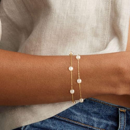 NECOCY 14K Gold Plated Pearl Bracelets for Women, Dainty Bracelets Stack Trendy Pearls Beaded Link Chain Charm Bracelets Set Layered Tiny Wedding Prom Jewelry Gift for Women Mother's Day Graduation - style: Style-2-Gold