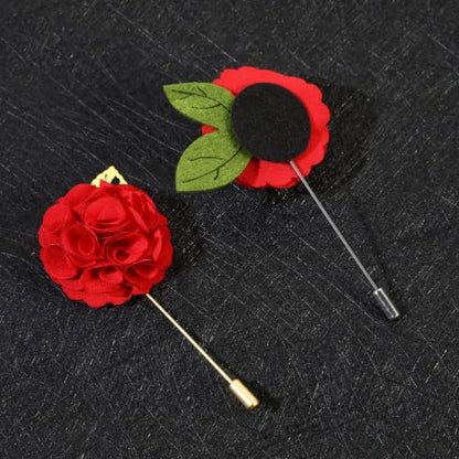 Gentleman's Essentials Premium Handmade Flower Lapel Pin Boutonniere - color: Crimson Red Camellia [Green Leaf]
