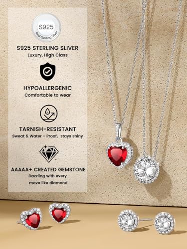 Bestyle Sparkling 925 Sterling Silver Birthstone Stud Earrings for Women, Heart/Round/Teardrop/Square Solitaire Diamond Studs Earrings, Great Birthday/Christmas Gifts - style: 07. Red Ruby-July-heart