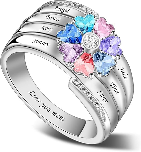 Custom Multi-Stone Family Ring 925 Sterling Silver/10K/14K/18K Gold Colored Personalized (2-8 stones) Birthstone Engraved Ring for Women Mom Wife Jewelry Gifts - style: Seven Stone