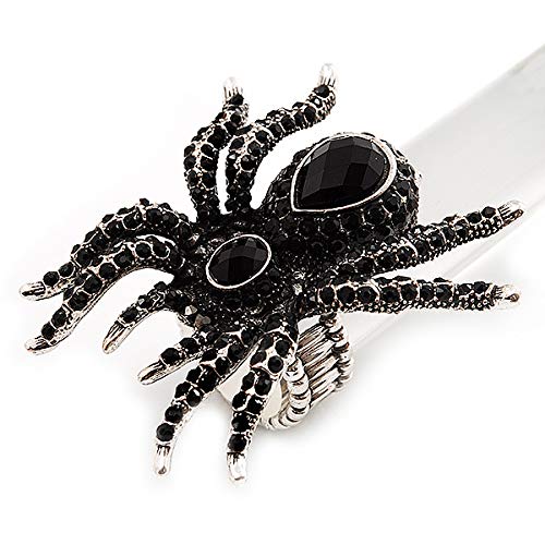 Avalaya Oversized Jet Black Crystal Spider Stretch Cocktail Ring (Silver Tone)