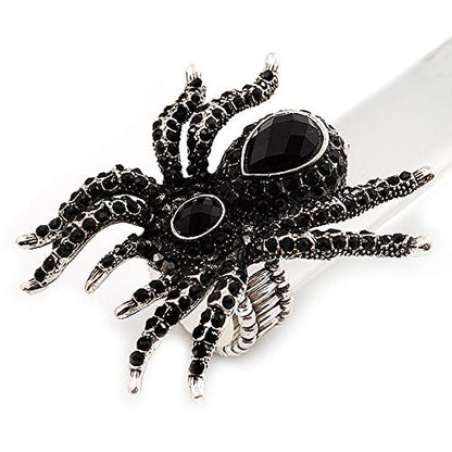 Avalaya Oversized Jet Black Crystal Spider Stretch Cocktail Ring (Silver Tone)