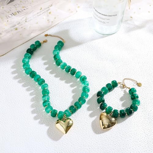 NEWITIN 2 Pieces Summer Beach Jewelry for Women Chunky Beaded Necklace Bracelet Trendy Big Resin Beaded Choker Boho Charm Statement Colorful Jewelry Set for Women - color: Green