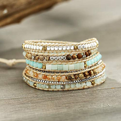 Plumiss Women Boho Handmade Natural Stone Crystal Leather Bead Wrap Bracelets Collection - style: White Stylish 5W