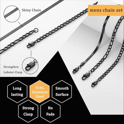 Zocomi 3 PCS Chain Necklace for Men Women, Stainless Steel Cuban Link/Figaro/Herringbone Chains Set Jewelry Gifts, 16/18/20/22/24 Inches - color: Black, size: 24 inch (60cm)Extra Long Fit