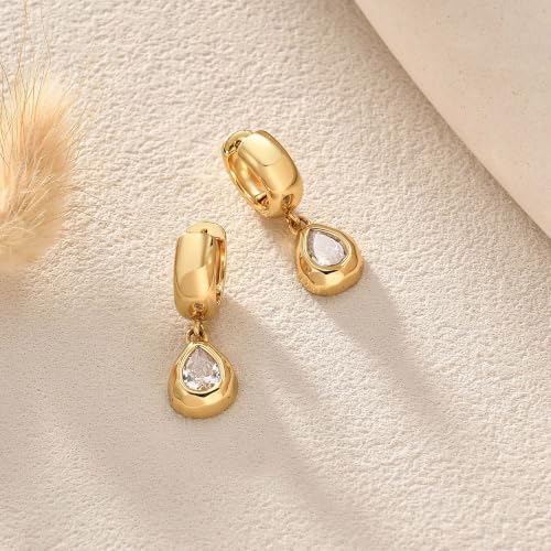Gold Chunky Dangle Earrings for Women, Bezel Set Cubic Zirconia Charm | 14K Gold Silver Plated, Statement Huggie Hoops Drop Earrings, Trendy Jewelry Gifts, High Grade CZ, Hypoallergenic Lightweight - color: GD-Teardrop CZ Hoop