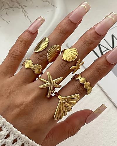 Chunky Gold Shell Starfish Ring Set for Women Trendy Gold Flower Scallop Seashell Starfish Gemstone Rings Adjustable Stacking Statement R-ings Non Tarnish Spring Summer Jewelry Accessories - color: A5:6 pcs