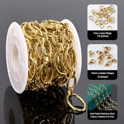 UMAOKANG 2 Meters Stainless Steel Oval Chain on Spool Gold Plated Chains for Jewelry Making Men and Women Chain Necklace DIY - color: Oval Gold