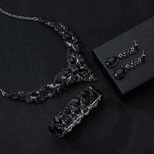 Rhinestone Bridal Jewelry Sets for Women Crystal Necklace Earrings Bracelet Set Silver-Tone Wedding Bridal Bridesmaid Gifts fit with Wedding Dress - color: C:3pcs-Black Tone Necklace + Earrings + Bracelet set