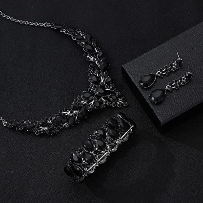 Rhinestone Bridal Jewelry Sets for Women Crystal Necklace Earrings Bracelet Set Silver-Tone Wedding Bridal Bridesmaid Gifts fit with Wedding Dress - color: C:3pcs-Black Tone Necklace + Earrings + Bracelet set