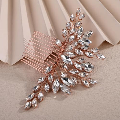 Teyglen Bridal Crystal Hair Comb Full Rhinestone Wedding Hair Comb Rose Gold Teardrop Hair Piece for Bride Wedding Hair Accessories for Women Bridal Headpiece (Rose gold) - color: Rose gold