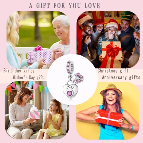 LNQOBU 925 Sterling Silve Heart-shaped Birthstone Charm for Bracelets, With 5A Cubic Zirconia Birthday Charms Dangle Pendant Bead for Pandora Bracelets - color: G-July