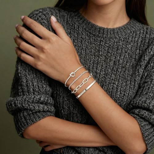 14K Gold Plated Stackable Bangle Bracelets Set for Women | Cuff Bracelet Stackable Bangles Bracelet for Women Trendy Fashion Accessories Tie Knot Cuban Rope Paperclip Beaded Bracelets - color: 4-layer SL