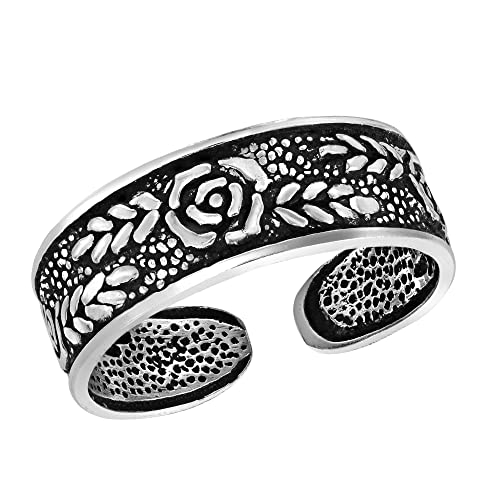 AeraVida .925 Sterling Silver Adjustable Toe Ring or Pinky Ring 5mm Wide Open Band, Stackable Minimalist Summer Foot Jewelry | Sun Moon Star Turtle Butterfly Leaf Olive Branch Ocean Wave Yin Yang Design - style: Rose