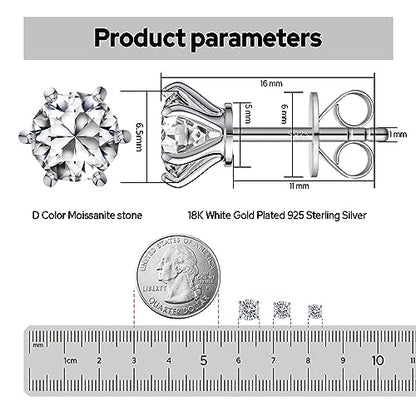 Moissanite Stud Earrings for Women, 18K White Gold Plated S925 Sterling Silver Hypoallergenic Diamond Earring, Lab Grown Diamond Earrings - size: 2ctw(1ct*2)-6.5mm