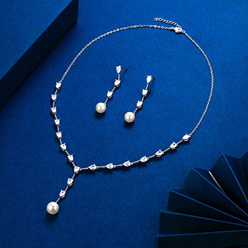EleQueen Women's Simulated Pearl Wedding Jewelry Set for Brides | Cubic Zirconia Necklace Earrings Bracelet Set for Brides Bridesmaids, Bridal Jewelry Set for Anniversary/Memorial Day - style: Art Deco