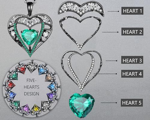 5 Heart I Love You Necklace for Women, Birthstone Crystal Pendant, Birthday Gift for Her, Wife, Mom, Rose Gold or Gunmetal Plated, 925 Sterling Silver Chain 18"+2" - color: 18-May-Emerald Green-GunMetal Plated