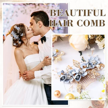 5 Pieces Wedding Hair Comb Bridal Hair Pins Crystal Pearl Accessories Rhinestone Flower Piece for Wedding Bride Women(Light Blue,Fresh Style)