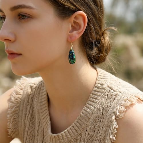 Natural Healing Teardrop Stone Leverback Dangle Drop Earrings Statement Gold earrings - color: Blue -Gold