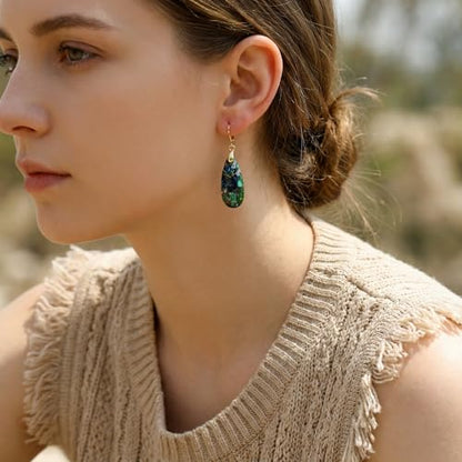 Natural Healing Teardrop Stone Leverback Dangle Drop Earrings Statement Gold earrings - color: Blue -Gold