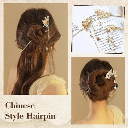 Lawie 10 Pack Retro Gold Metal Long Hair Sticks Pins with Pearl Jade Dangles Tassels Pendants Chinese Hanfu Asian Flower Butterfly Hair Chopsticks Hair Picks Bun Forks Holders Hairpins for Women Girls