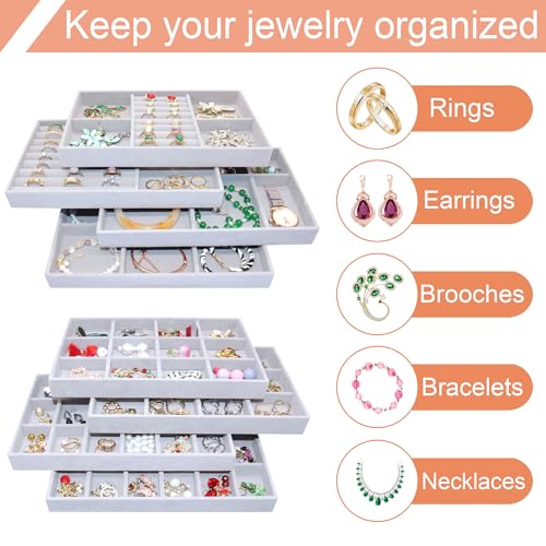 Set of 8 Stackable Jewelry Organizer X-Large Velvet Jewellry Trays Jewelryy Drawer Inserts, Earring Ring Brooch Necklace Bracelet Watch Display Plate with Removable Dividers - color: GREY, size: X-Large