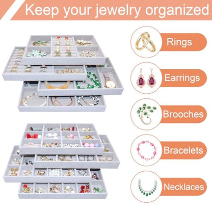 Set of 8 Stackable Jewelry Organizer X-Large Velvet Jewellry Trays Jewelryy Drawer Inserts, Earring Ring Brooch Necklace Bracelet Watch Display Plate with Removable Dividers - color: GREY, size: X-Large